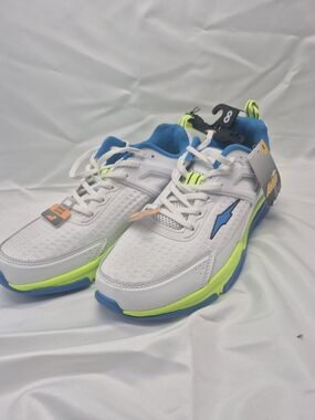White Athletic Sneakers with Neon Yellow & Blue Accents